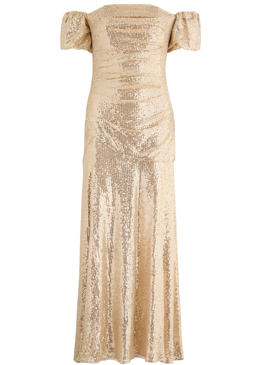 Needle & Thread Sunbeam Valentina Sequin-embellished Off-the-shoulder Tulle Gown - Gold - 12 (UK16 /xl)