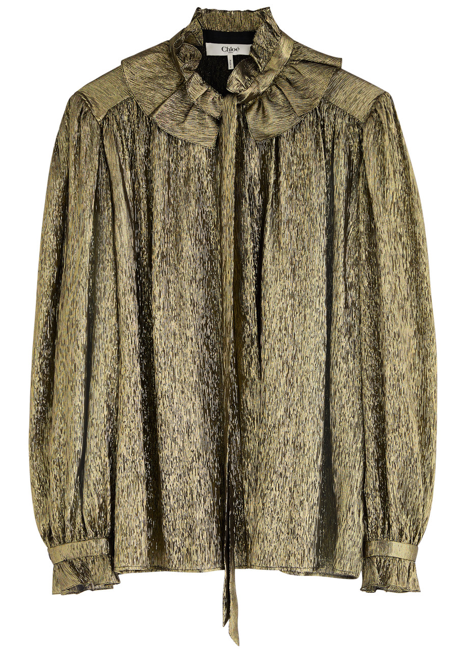 Chloé Chloe Metallic Silk-blend Blouse In Black Gold