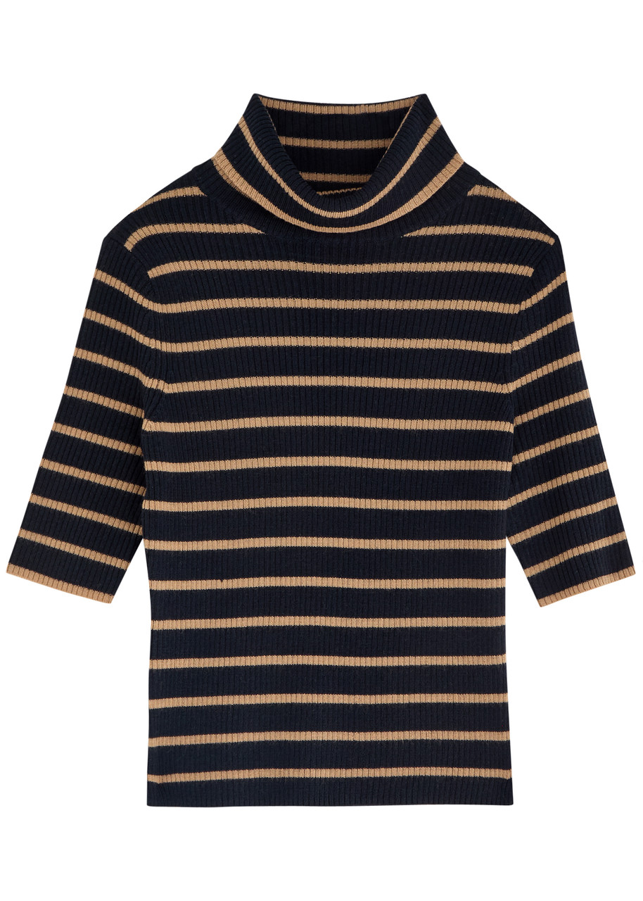 Veronica Beard Katrina Stripe Turtleneck Merino Wool Sweater In Black