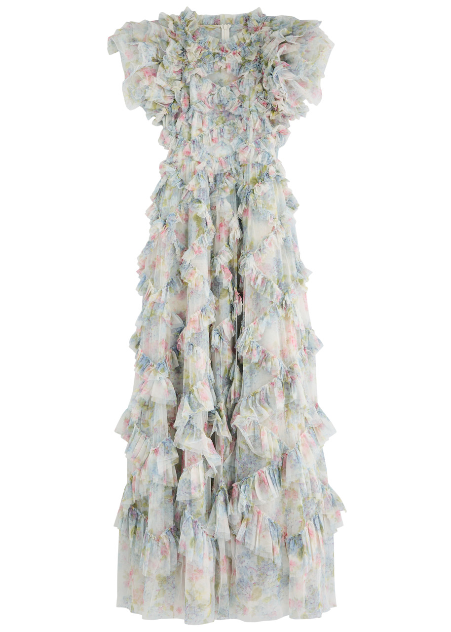 Needle & Thread Hydrangea Genevieve Floral-print Ruffle Tulle Gown - Multicoloured