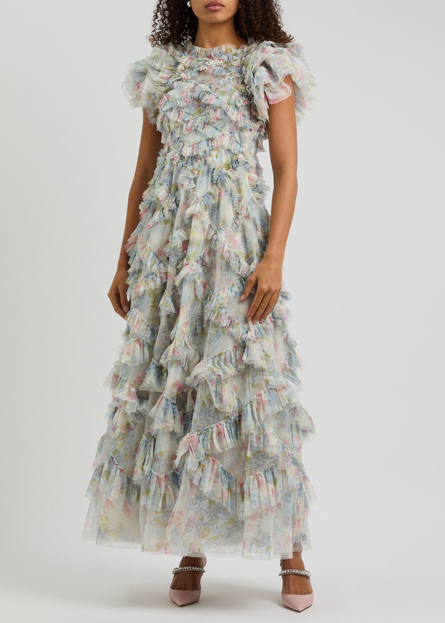 Needle & Thread Hydrangea Genevieve Floral-print Ruffle Tulle Gown In Multicoloured