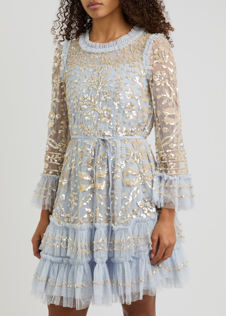 Needle & Thread Sequinned Lace Celia Mini Dress In Blue