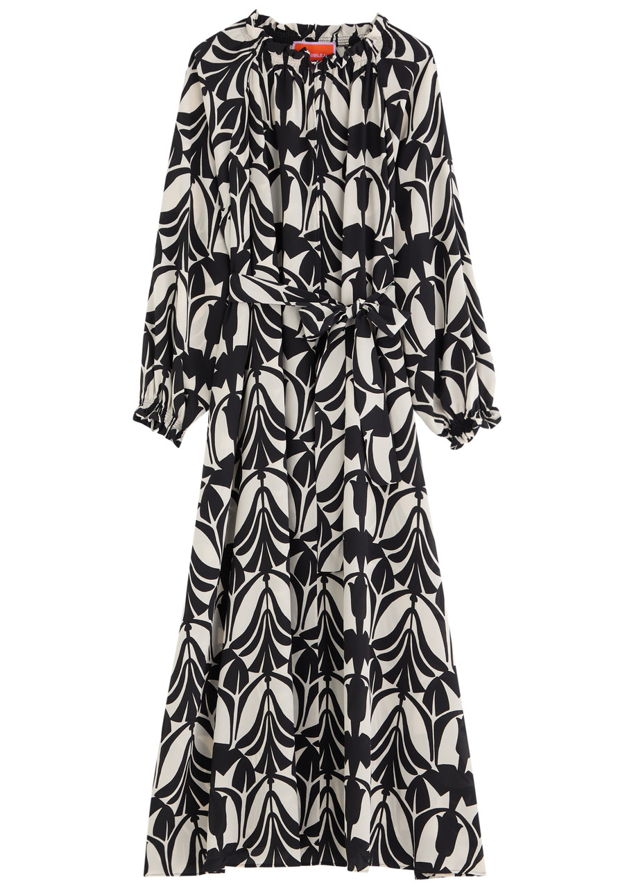 LA Double J Celere Printed Silk Midi Dress - Black - S (UK8-10 / S)