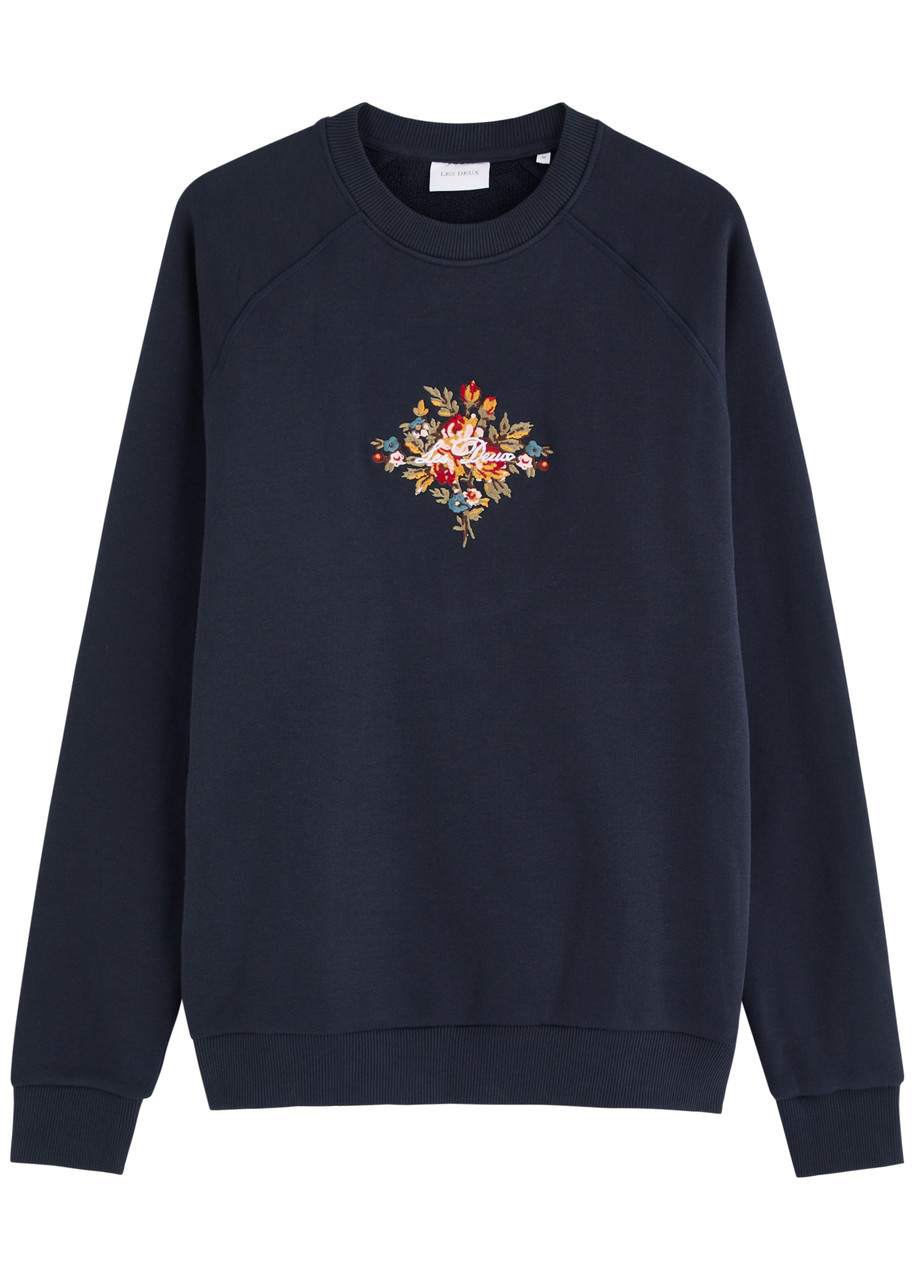 Les Deux Fiore Floral And Logo Embroidered Cotton Sweatshirt In Navy