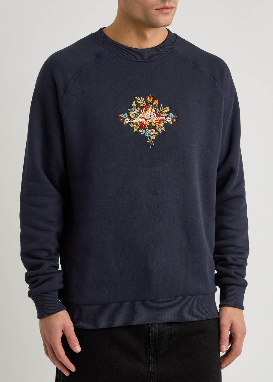 Les Deux Fiore Floral And Logo Embroidered Cotton Sweatshirt In Navy
