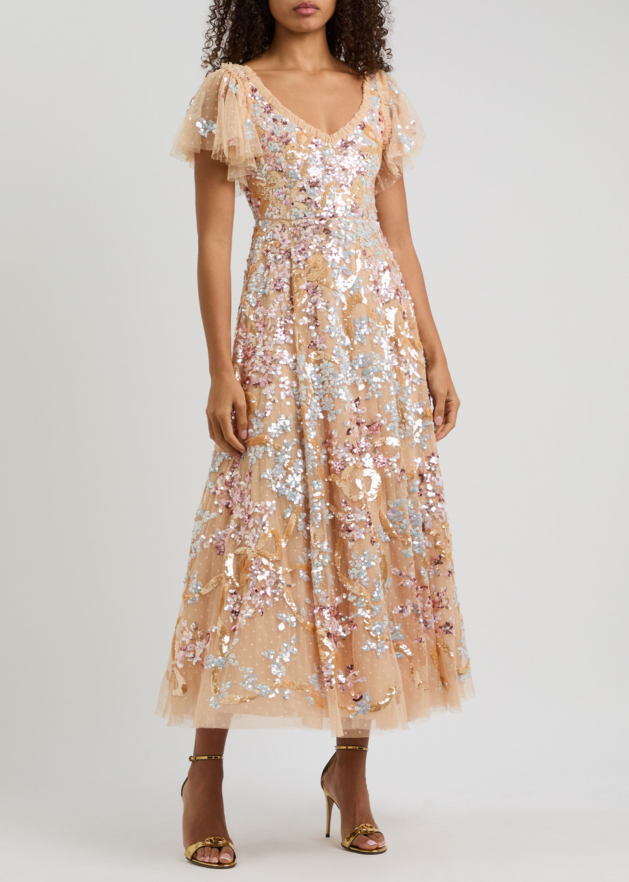 Needle & Thread Dancing Ribbon Sequin-embellished Tulle Gown In Gold