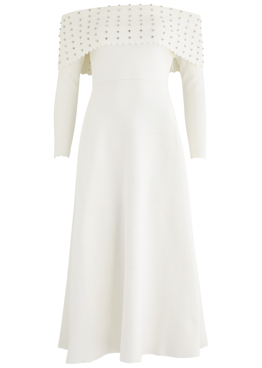 Needle & Thread Embellished Bardot Off-shoulder Knit Midi Dress In Cream