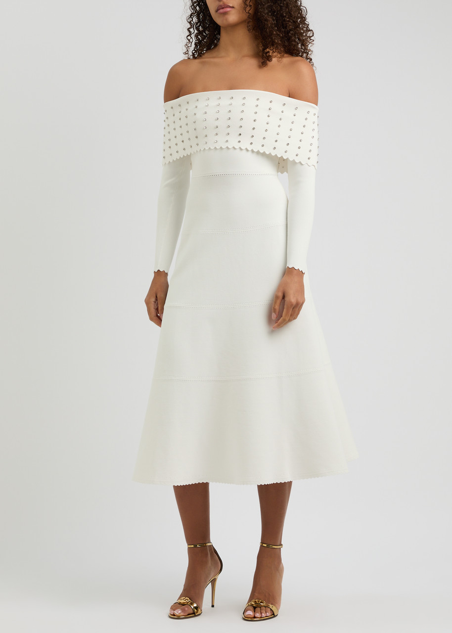 Needle & Thread Embellished Bardot Off-shoulder Knit Midi Dress In Cream