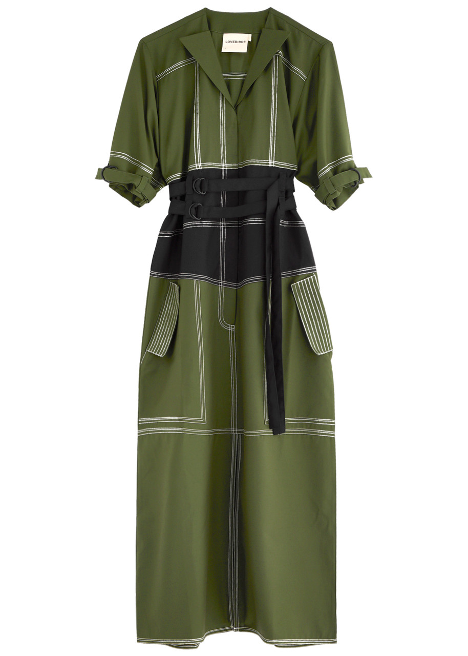 Lovebirds Panelled Colour-blocked Twill Midi Dress - Green