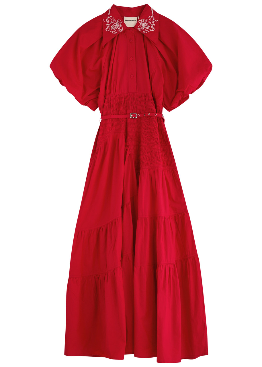 Lovebirds Tiered Belted Cotton Midi Shirt Dress - Red - XL (UK16)