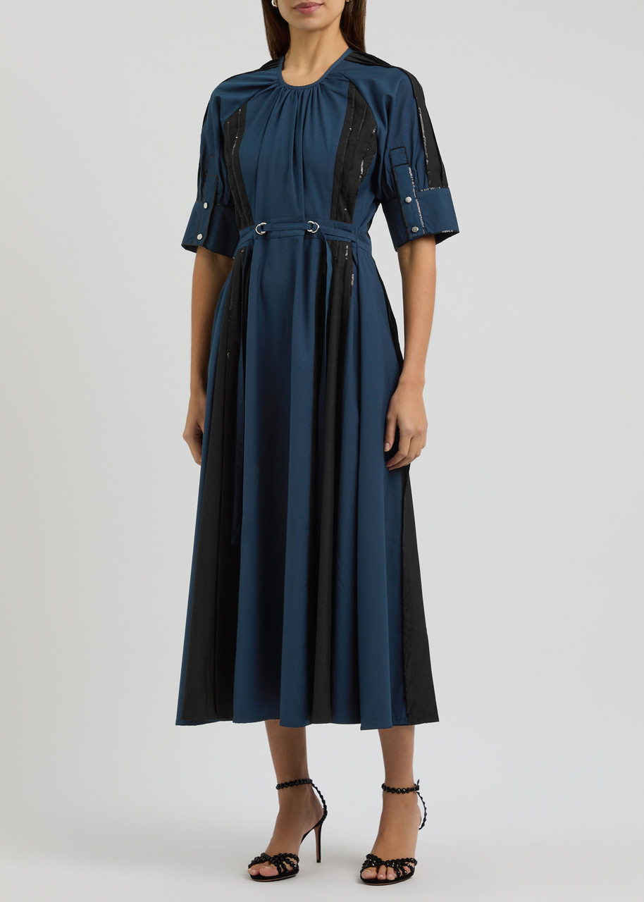 Lovebirds Sequin-embellished Belted Midi Dress In Navy