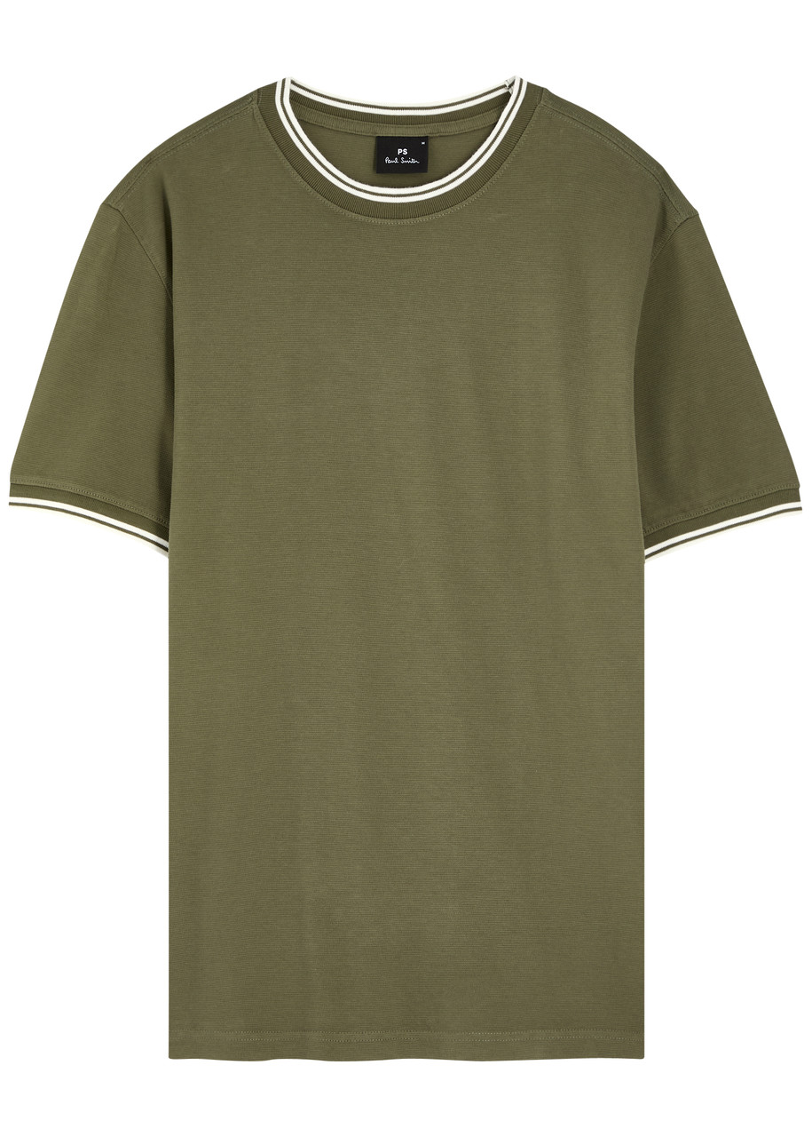 Ps By Paul Smith Ps Paul Smith Stripe-trimmed Piqué Cotton T-shirt In Green