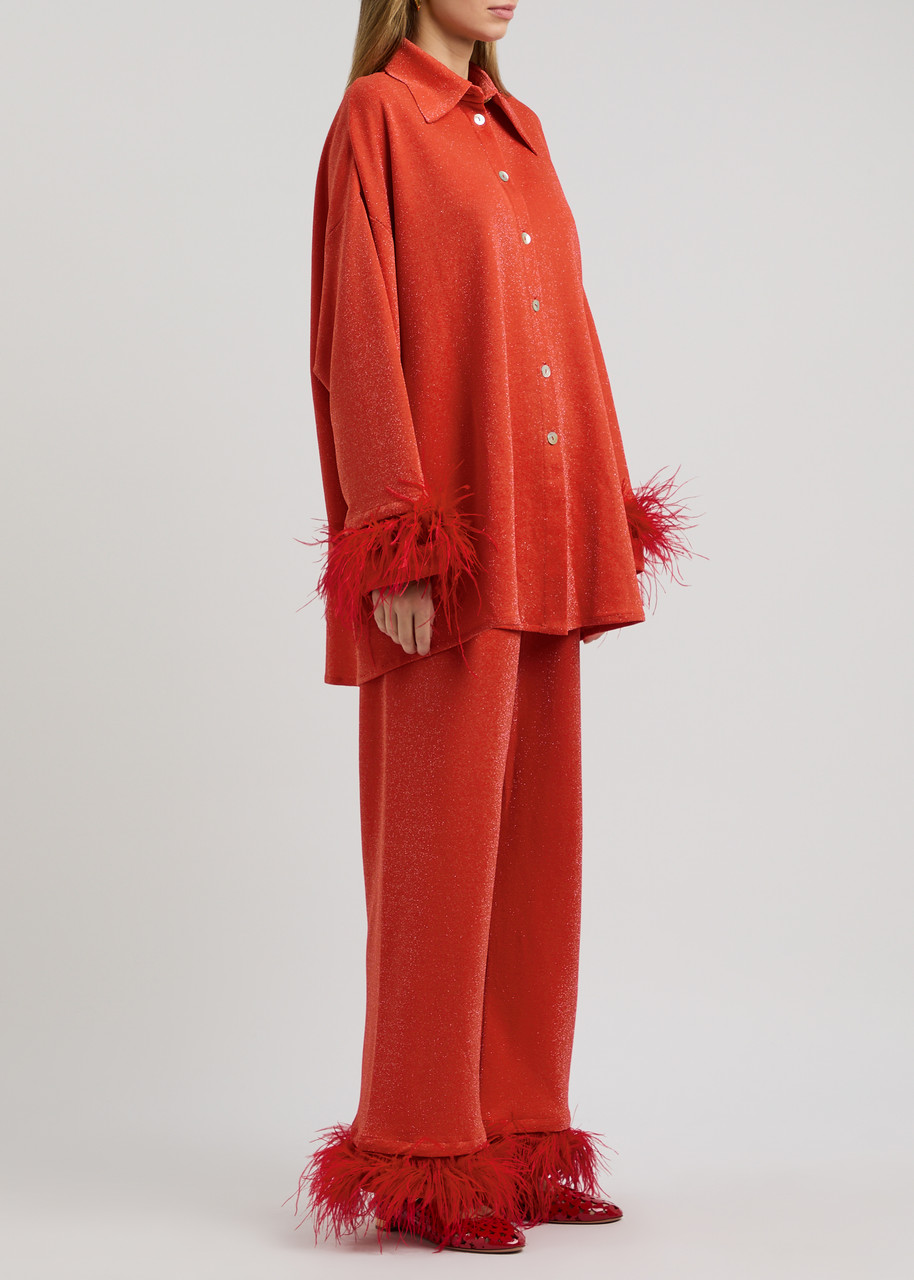 Sleeper Cosmos Feather-trimmed Metallic Jersey Pyjama Set In Red