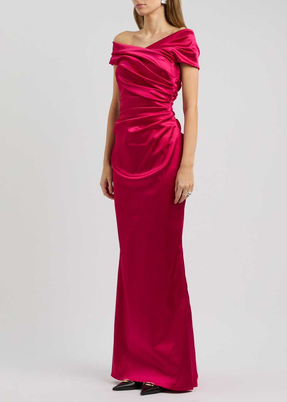 Talbot Runhof Gathered Off-the-shoulder Satin Gown In Pink