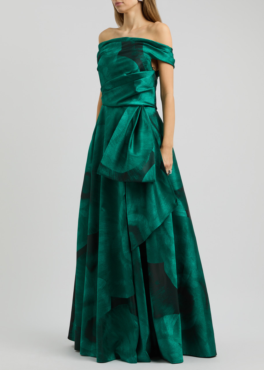 Talbot Runhof Floral-jacquard Off-the-shoulder Satin Gown In Green