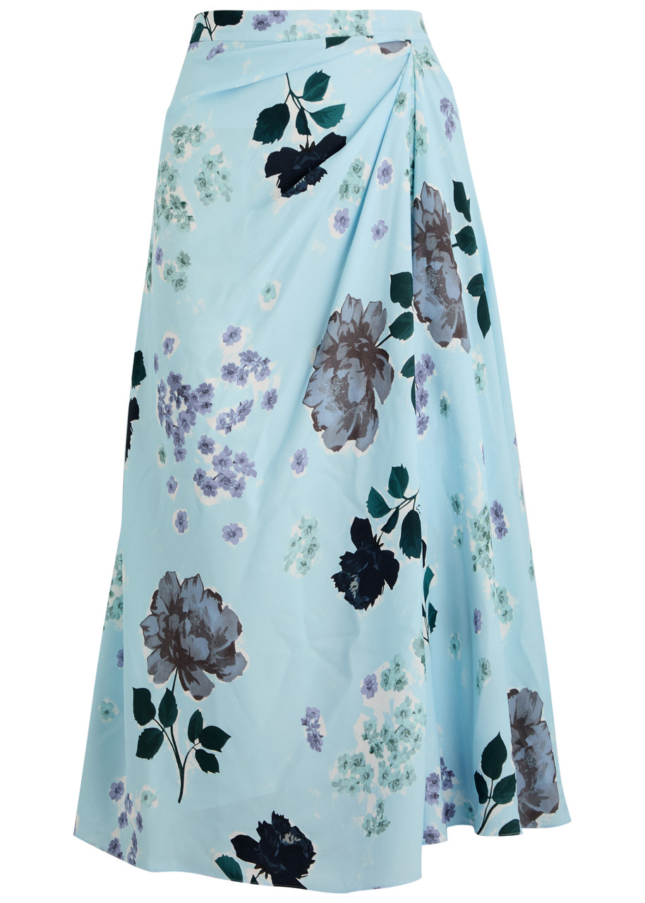 Erdem Floral-print Draped Midi Skirt - Blue - 14 (UK14 / L)