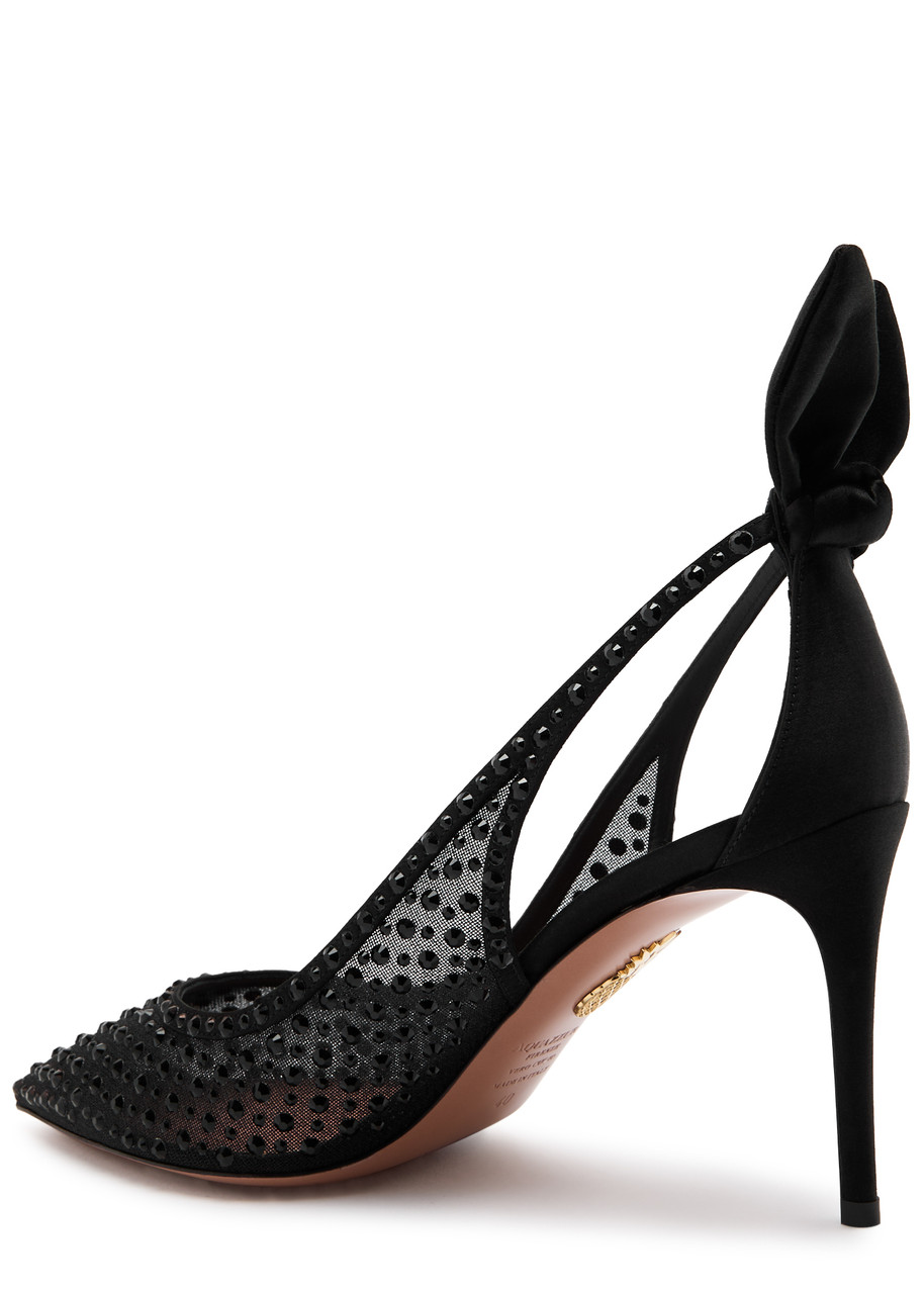 Aquazzura Bow Tie 105 Crystal Tulle Pointed-toe Flats In Black