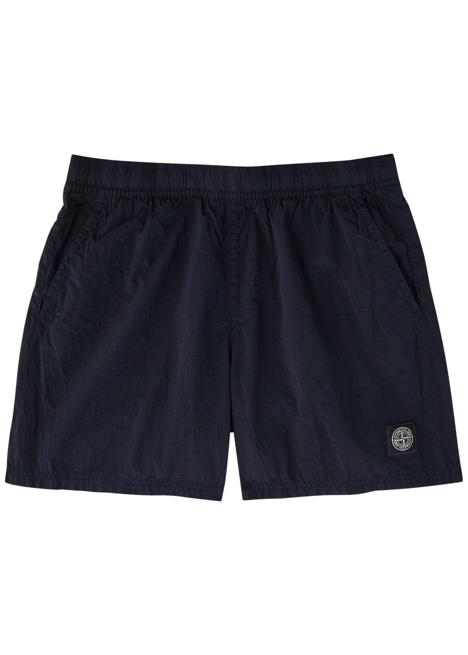 Stone Island Compass-badge Crinkled Shorts In Blue