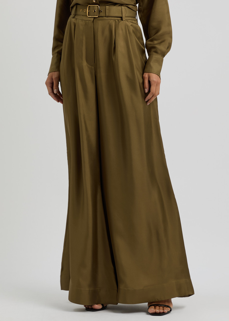 Zimmermann Pantalone Dalla Gamba Ampia Crush In Raso Verde Oliva Donna In Olive