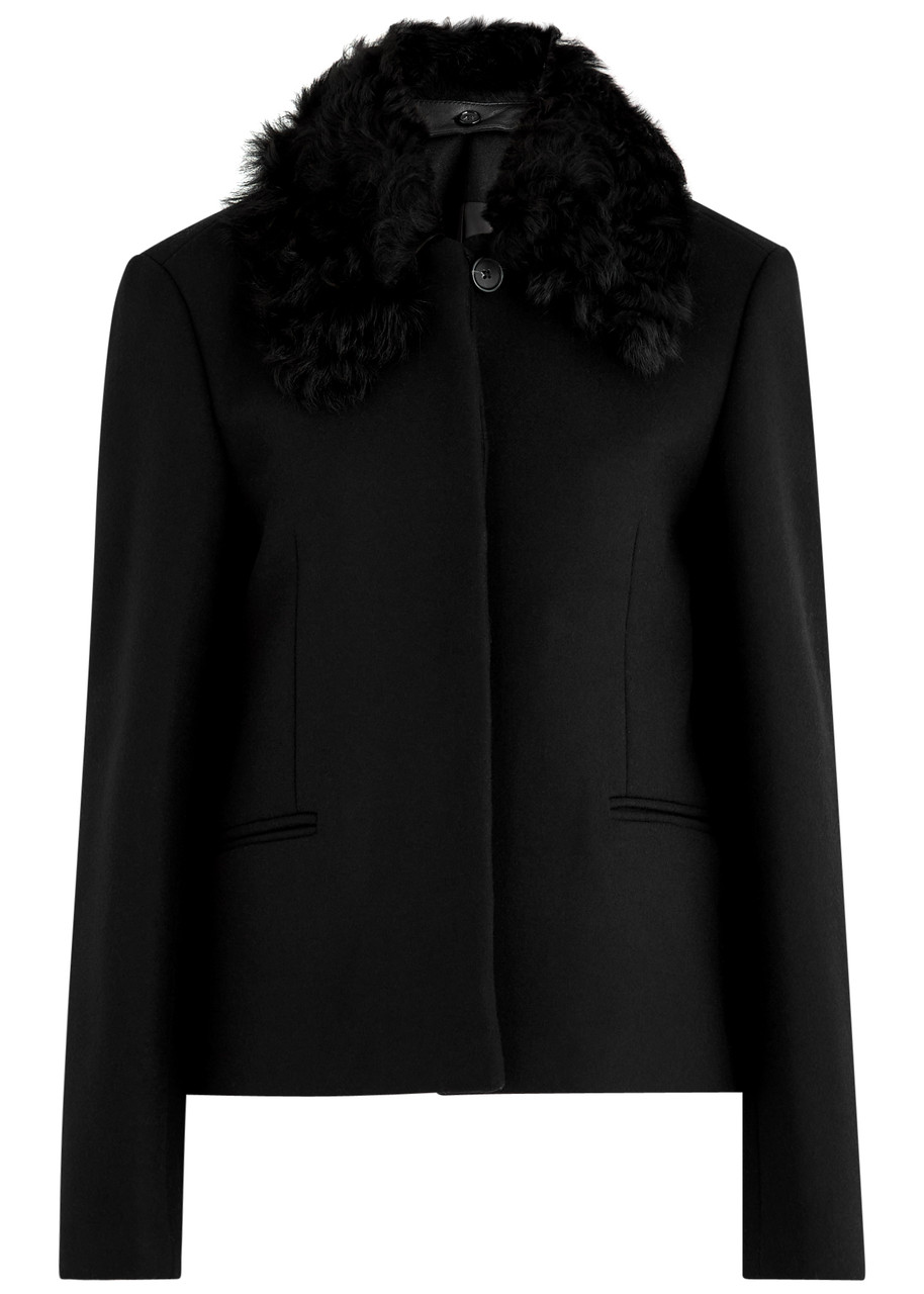 Totême Toteme Wool Blend Jacket With Removable Genuine Shearling Collar In Black