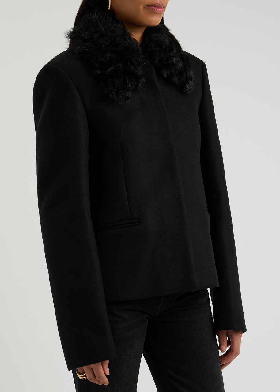 Totême Toteme Wool Blend Jacket With Removable Genuine Shearling Collar In Black