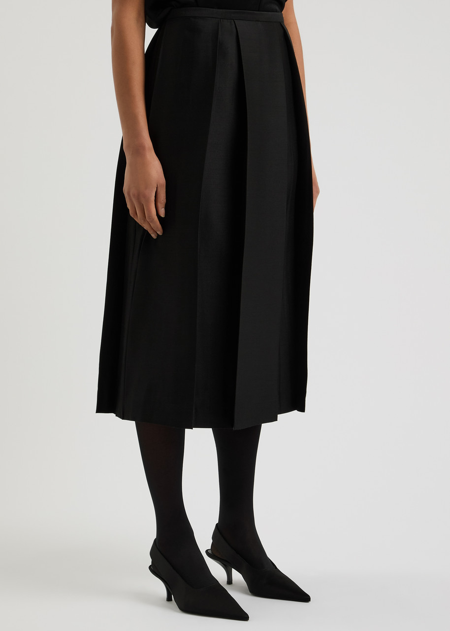 Totême Pleated Wool And Silk-blend Midi Skirt In Black