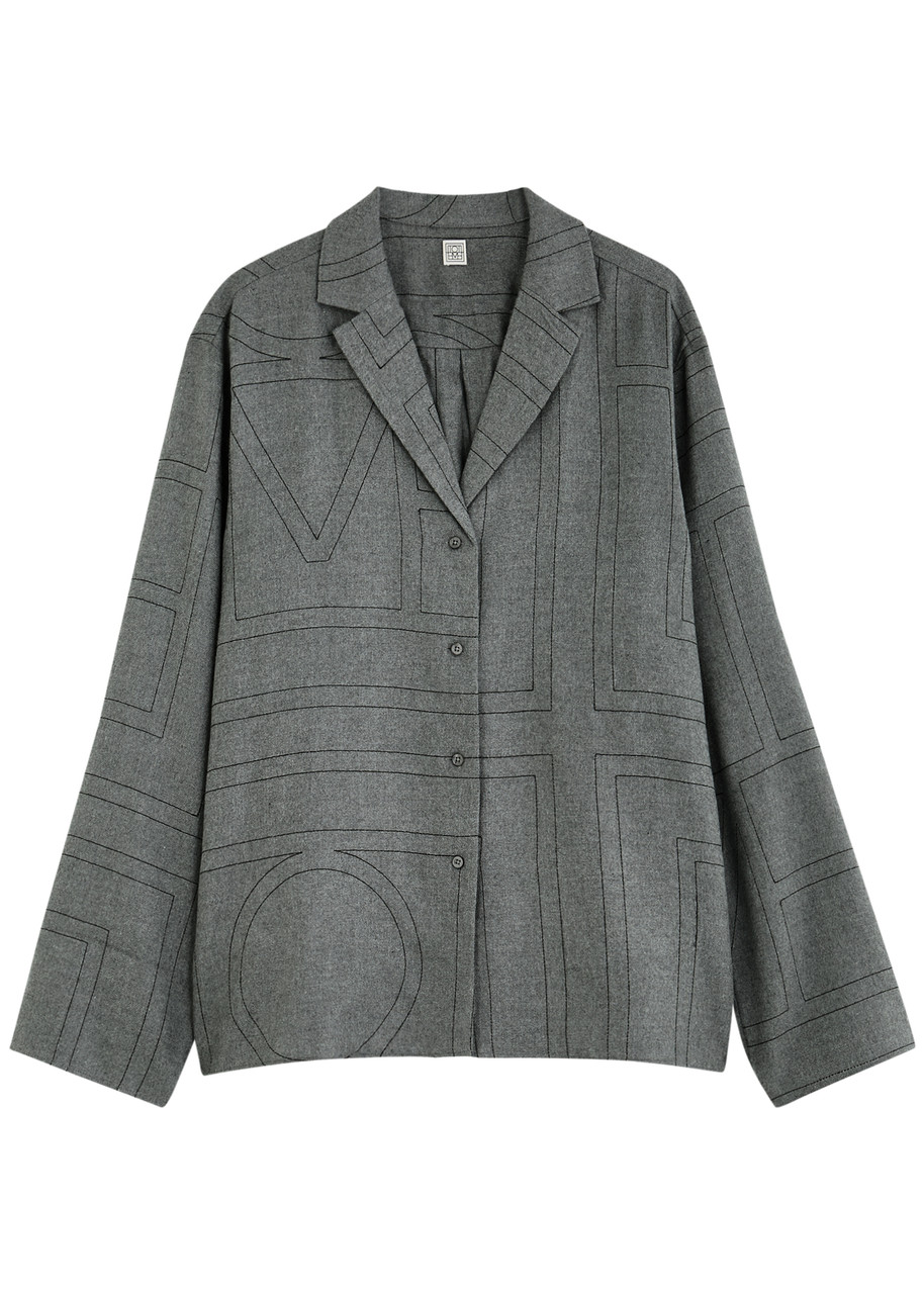 Totême Grey Shirt With Classic Lapels And All-over Monogram Print In Modal Woman In Grey