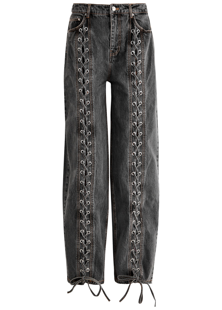 Rotate Birger Christensen Black Organic Cotton Wide Leg Pants With Lace In Black