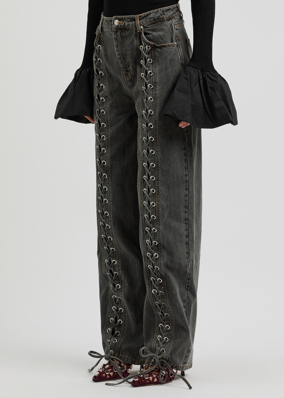 Rotate Birger Christensen Black Organic Cotton Wide Leg Pants With Lace In Black