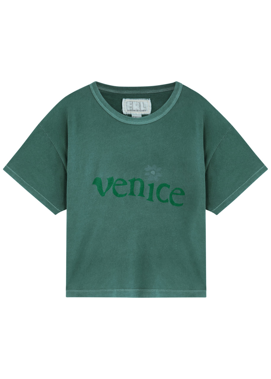 Erl Cropped Graphic T-shirt Round Neck In Green