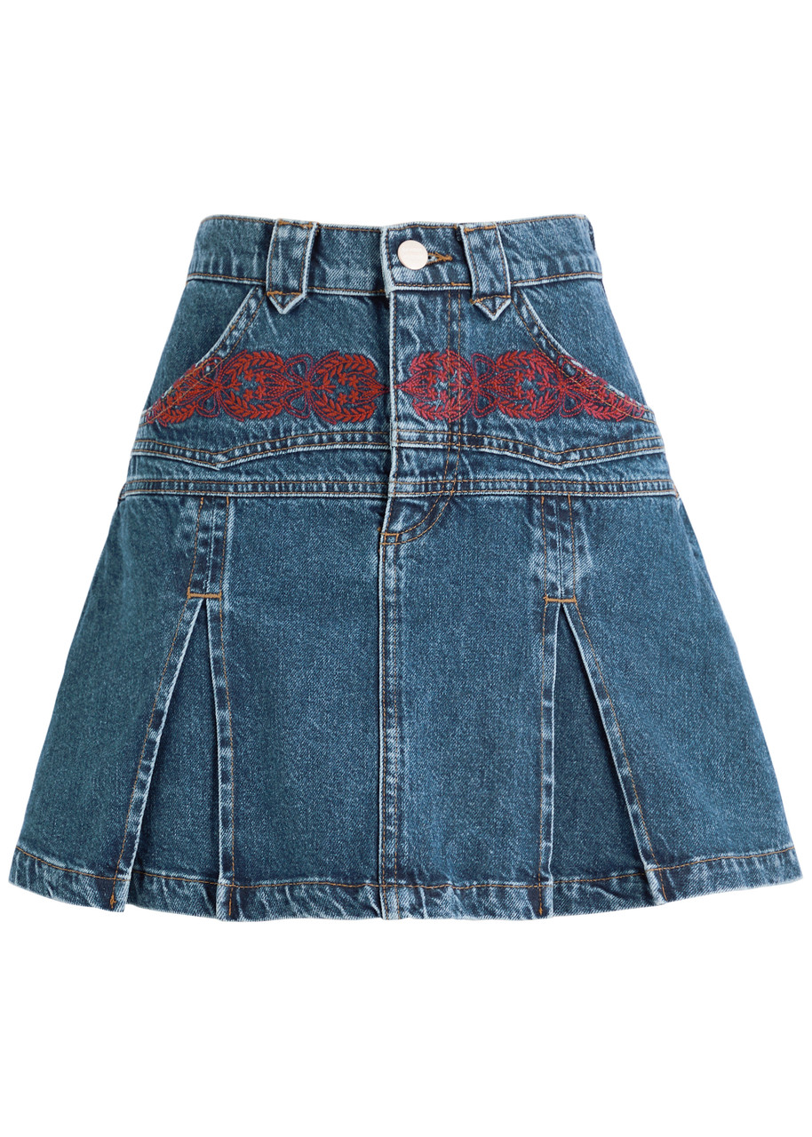 Damson Madder Sloane Embroidered Panelled Denim Mini Skirt In Denim
