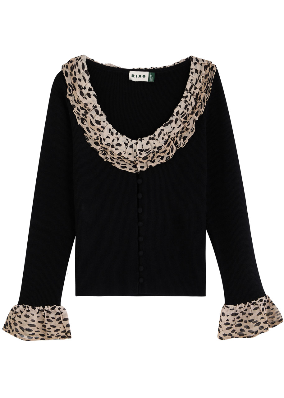 Rixo Laurel Leopard-trimmed Wool Cardigan - Black - 14 (UK14 / L)
