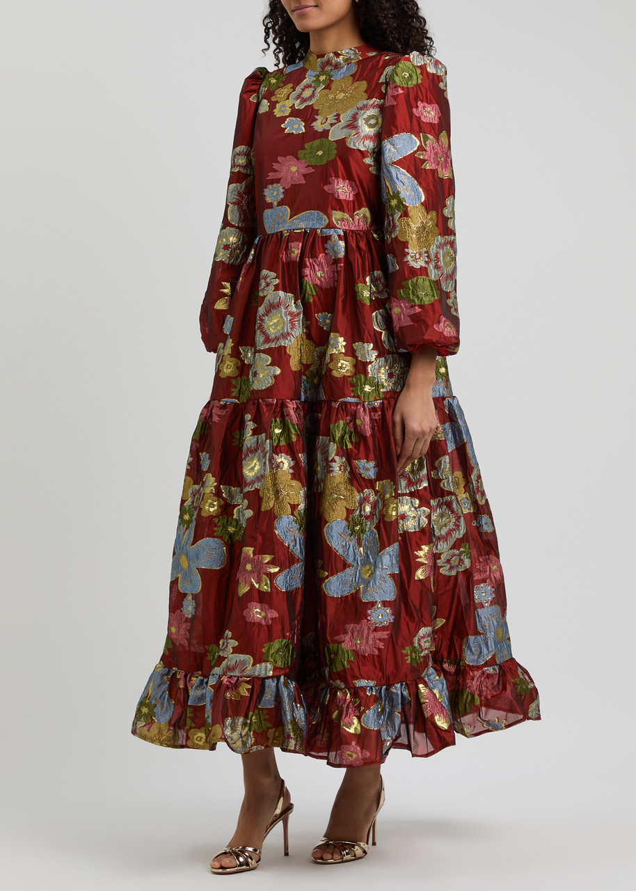 Sister Jane Ruby Floral Brocade Maxi Dress In Red