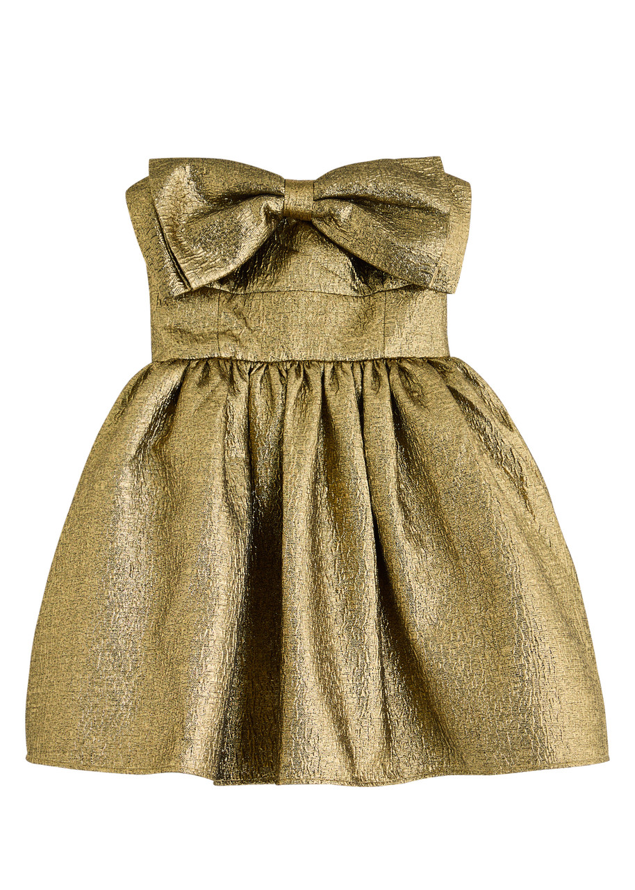 Self-portrait Bow Strapless Metallic Cloqué Mini Dress - Gold