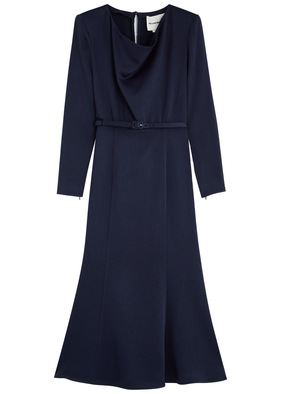 Roland Mouret Belted Crepe De Chine Midi Dress In Navy