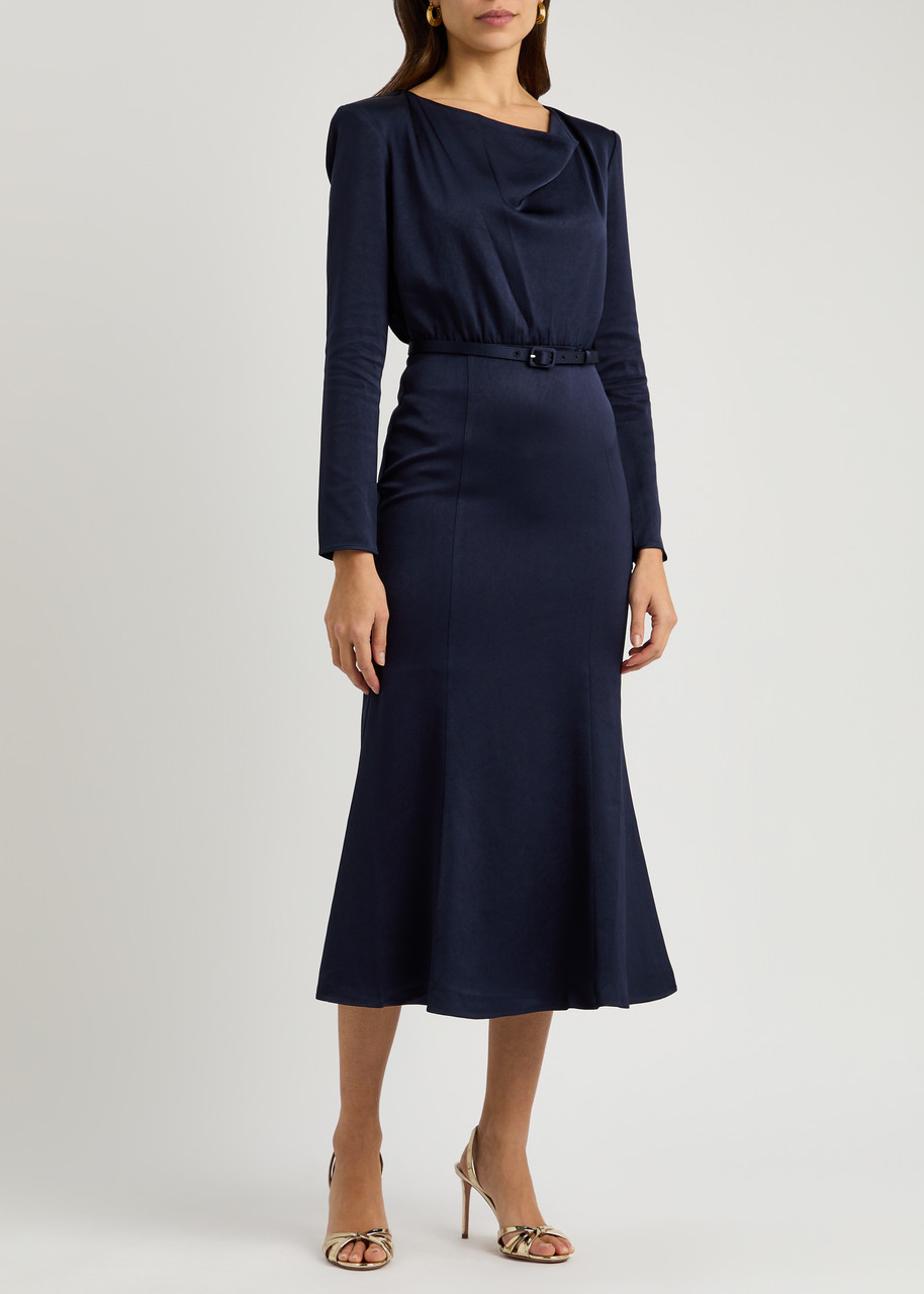 Roland Mouret Belted Crepe De Chine Midi Dress In Navy