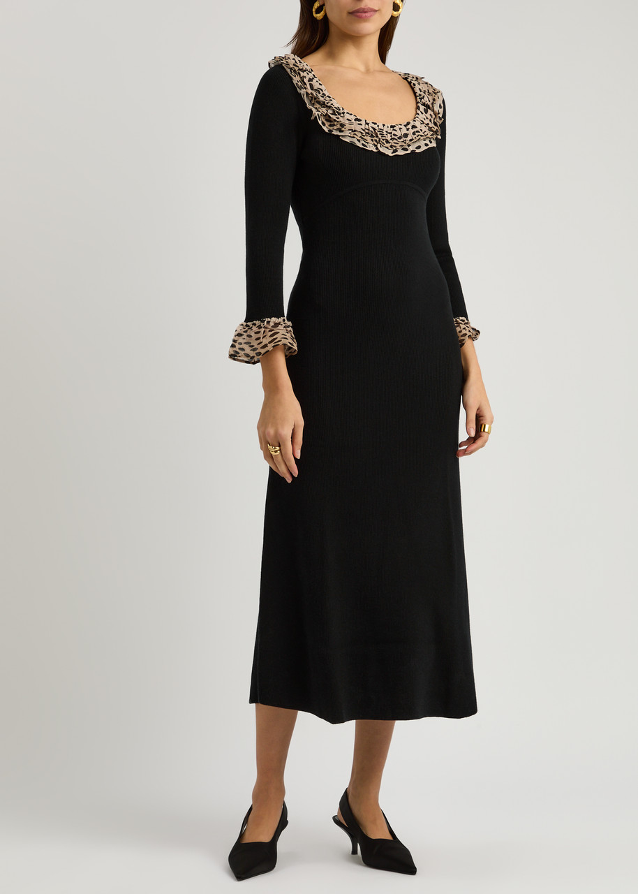 Rixo London Rixo Mika Leopard-trimmed Wool-blend Maxi Dress In Black