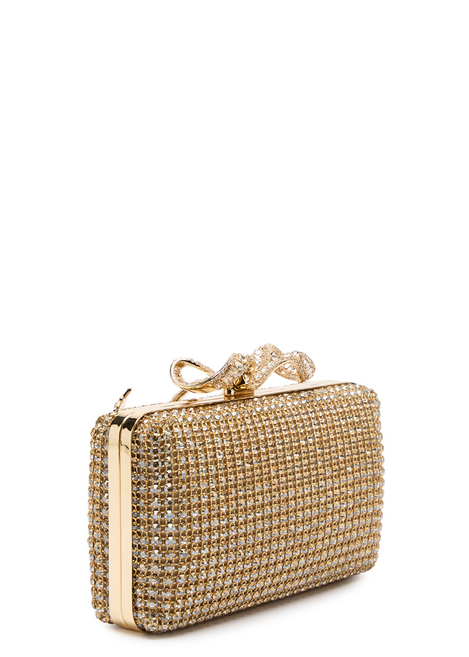 Self-portrait Crystal-embellished Satin Box Clutch In Gold