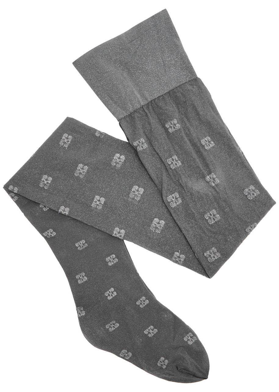 Ganni Metallic Butterfly Logo-jacquard Tights - Silver - L (UK14 / L)