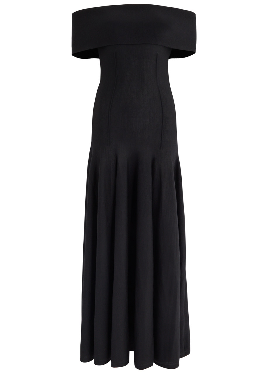 Khaite Bruna Off-the-shoulder Gathered Stretch-jersey Maxi Dress In Black