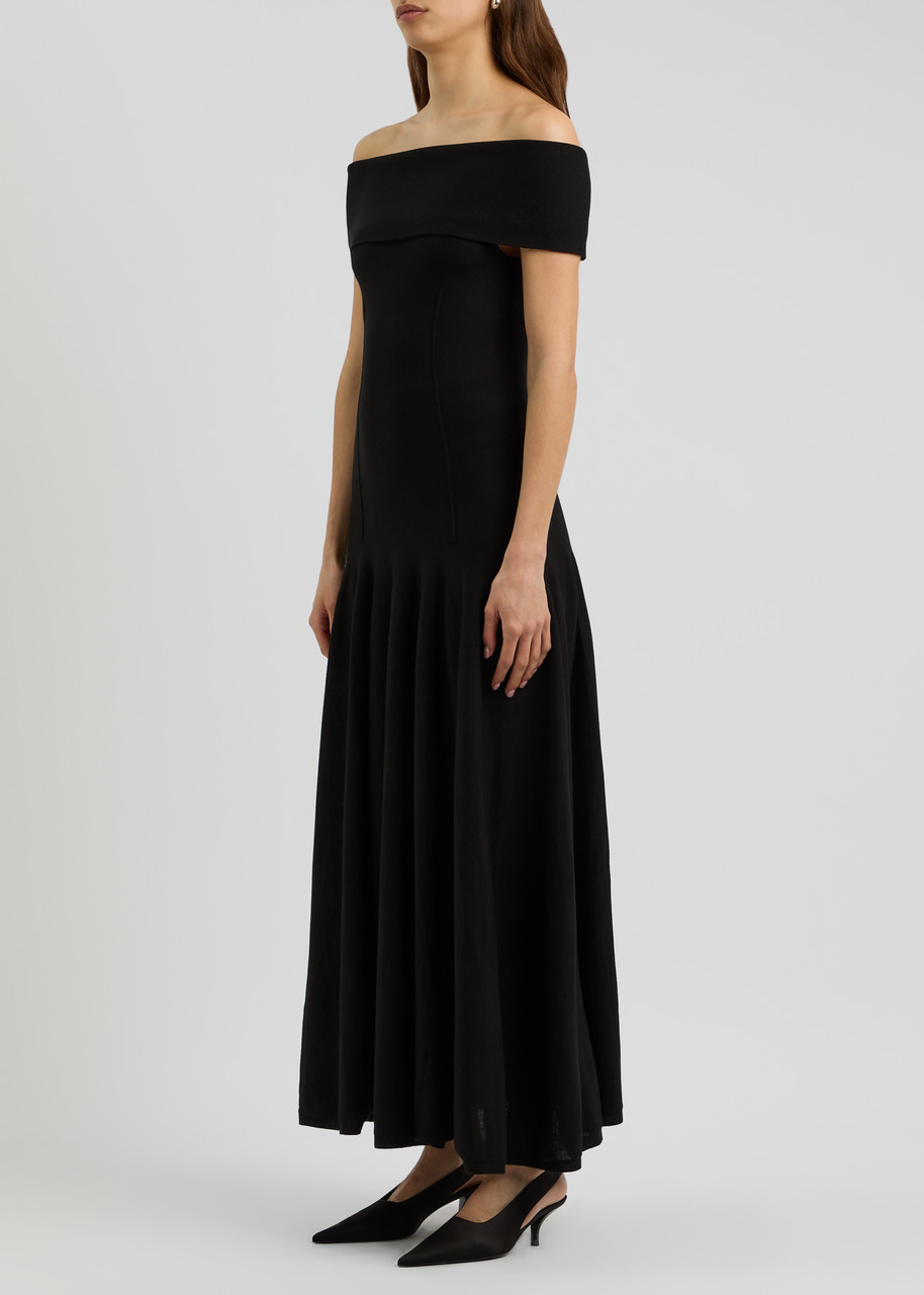 Khaite Bruna Off-the-shoulder Gathered Stretch-jersey Maxi Dress In Black