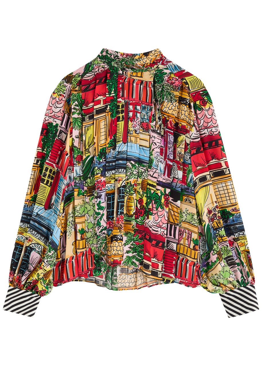 Alice + Olivia Gertrude Printed Pleated Matte Satin Blouse - Multicoloured 1