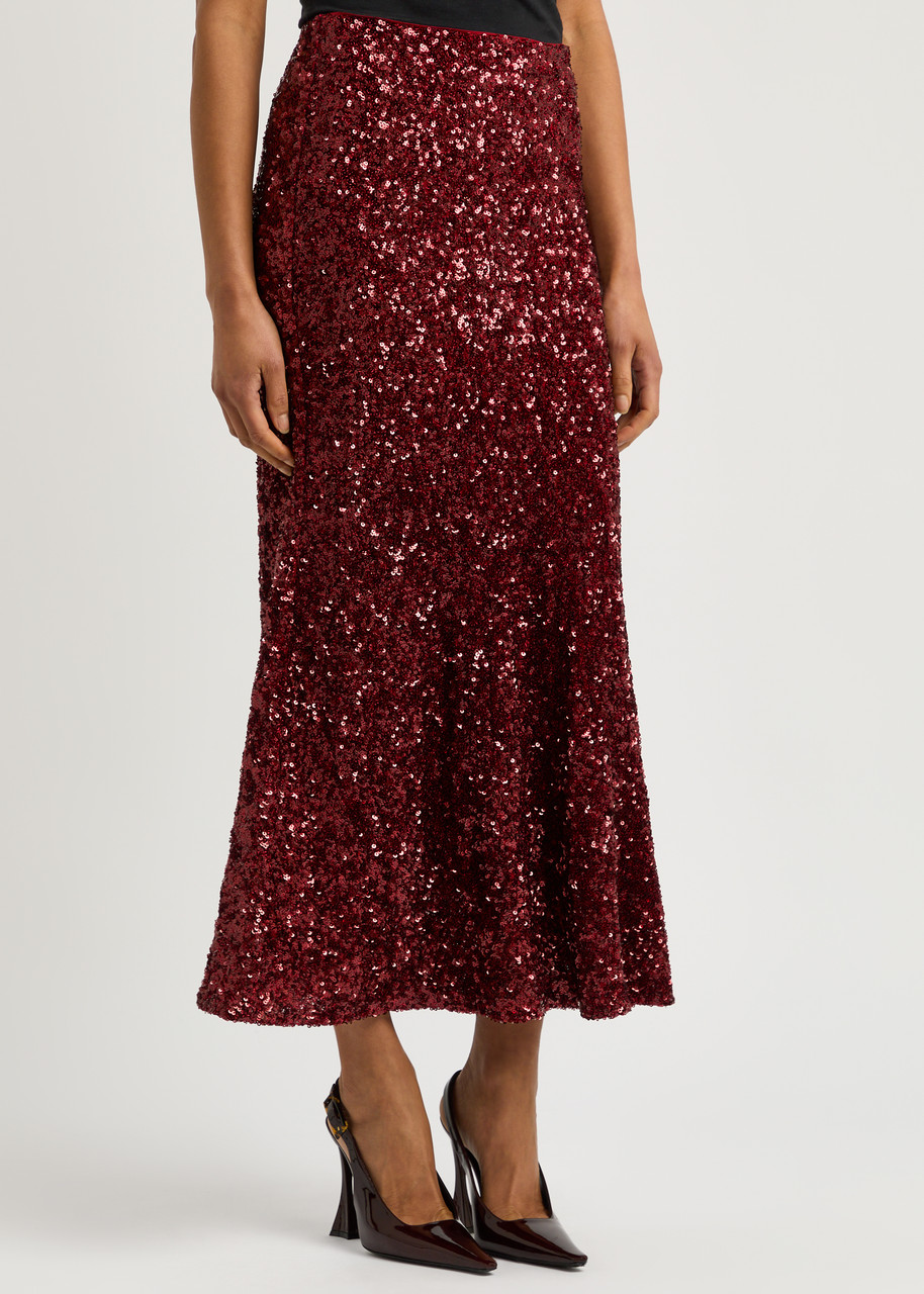 Alice And Olivia Sequin-embellished Flared Skirt In Dark Red