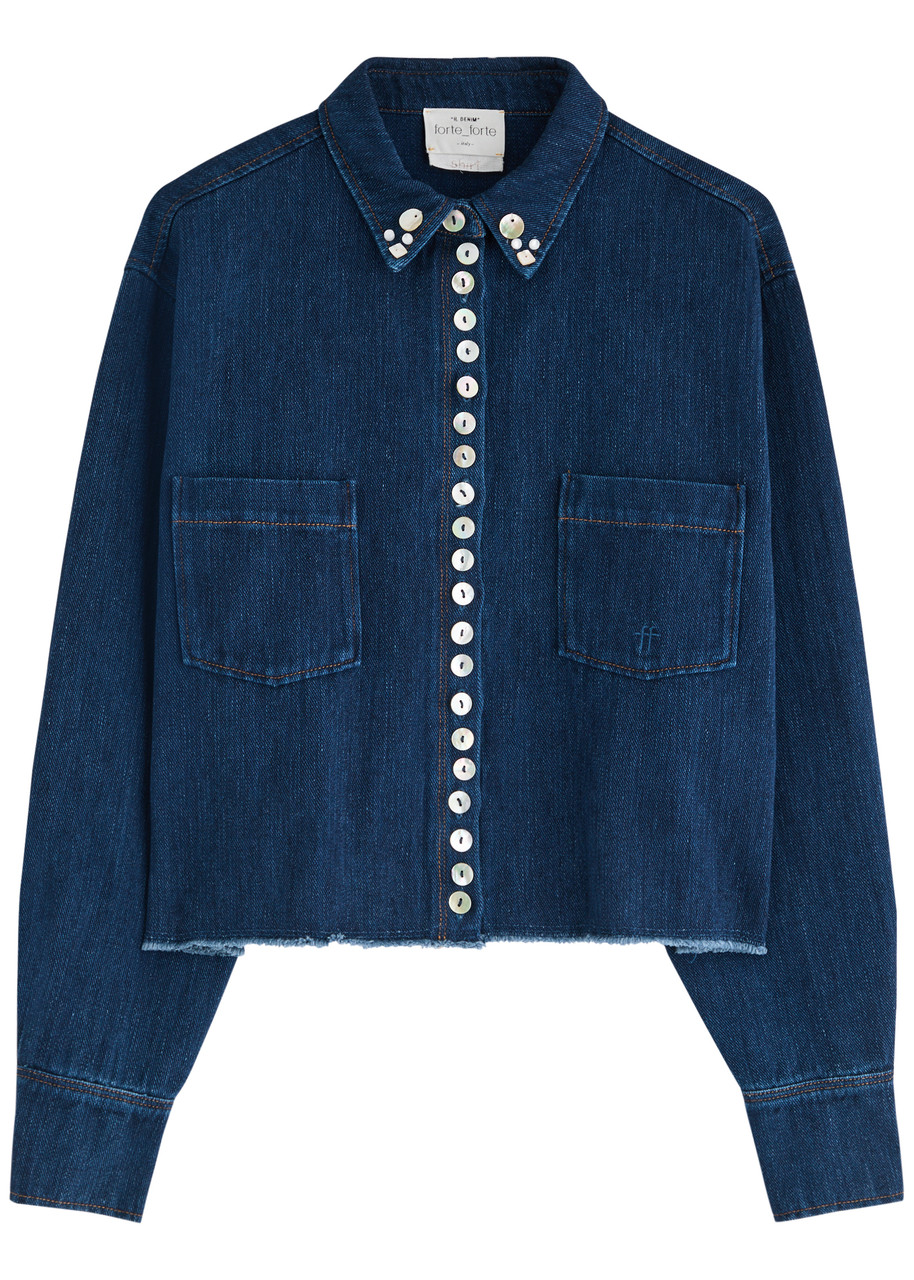 Forte_forte Embellished Frayed Denim Shirt - Indigo