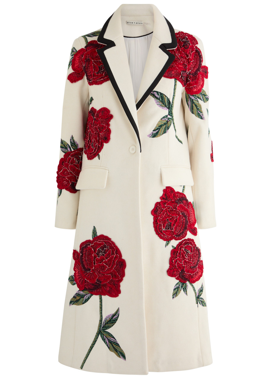 Alice + Olivia Ivan Embellished Floral Appliquéd Felt Coat - White