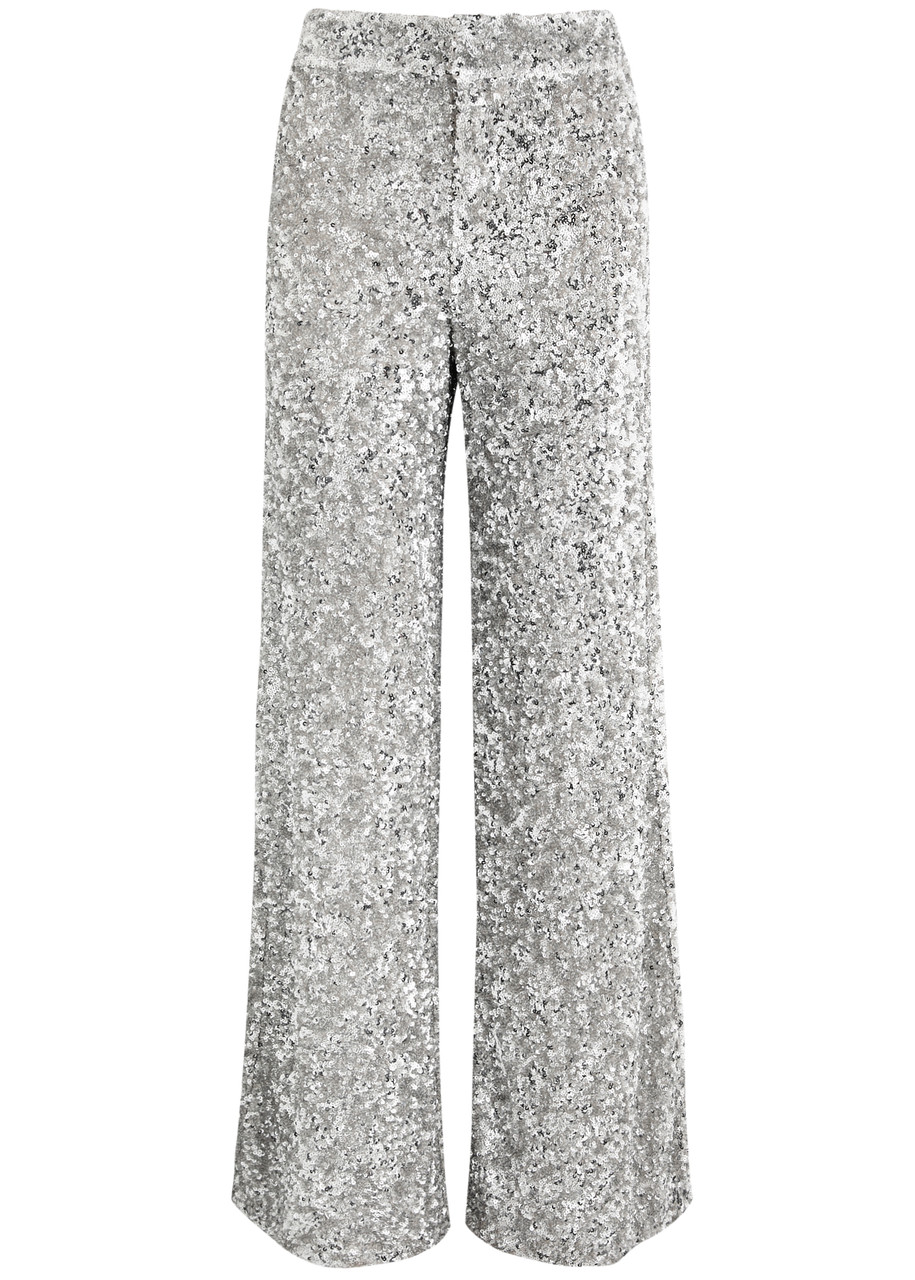 Alice + Olivia Mame Sequin-embellished Wide-leg Trousers - Silver - 6 (UK10 / S)