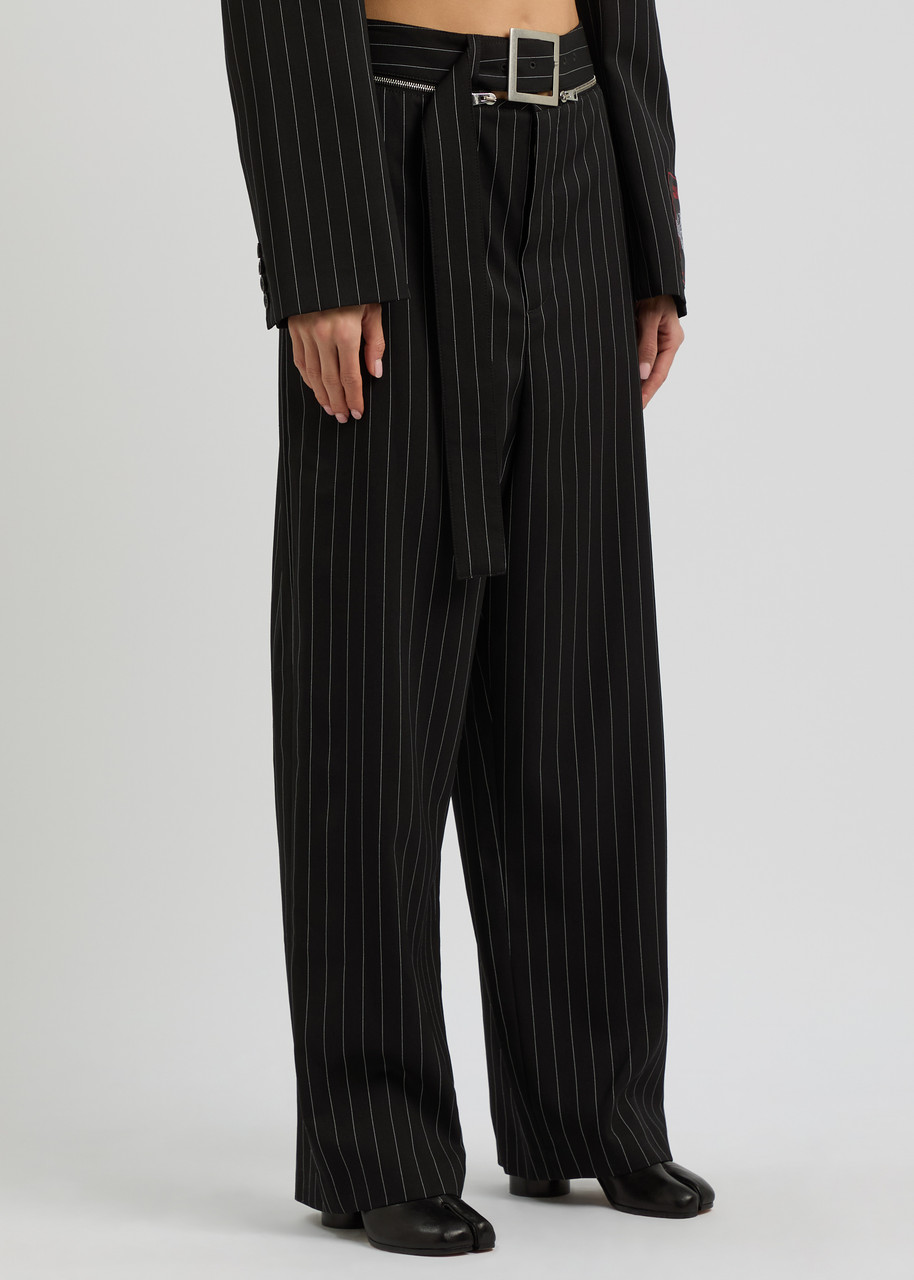 Jean Paul Gaultier Pinstripe Wool Tailored Trouser With Zip Off Belt In Black And White