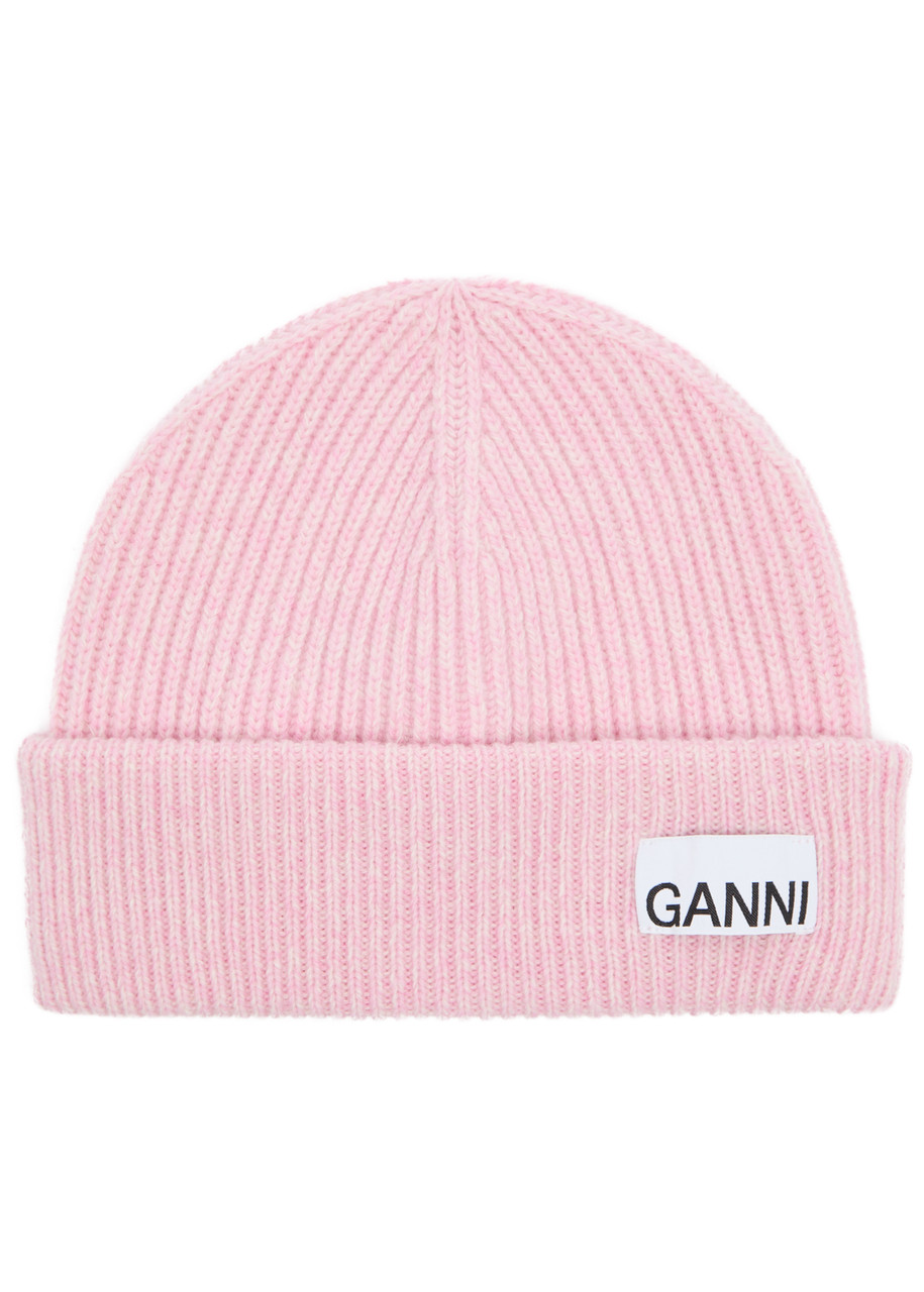 Ganni Logo Ribbed Wool-blend Beanie In Pink
