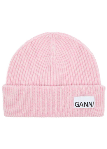 GANNI Logo ribbed wool-blend beanie | Harvey Nichols