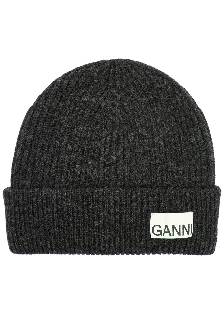 Ganni Logo Ribbed Wool-blend Beanie In Grey